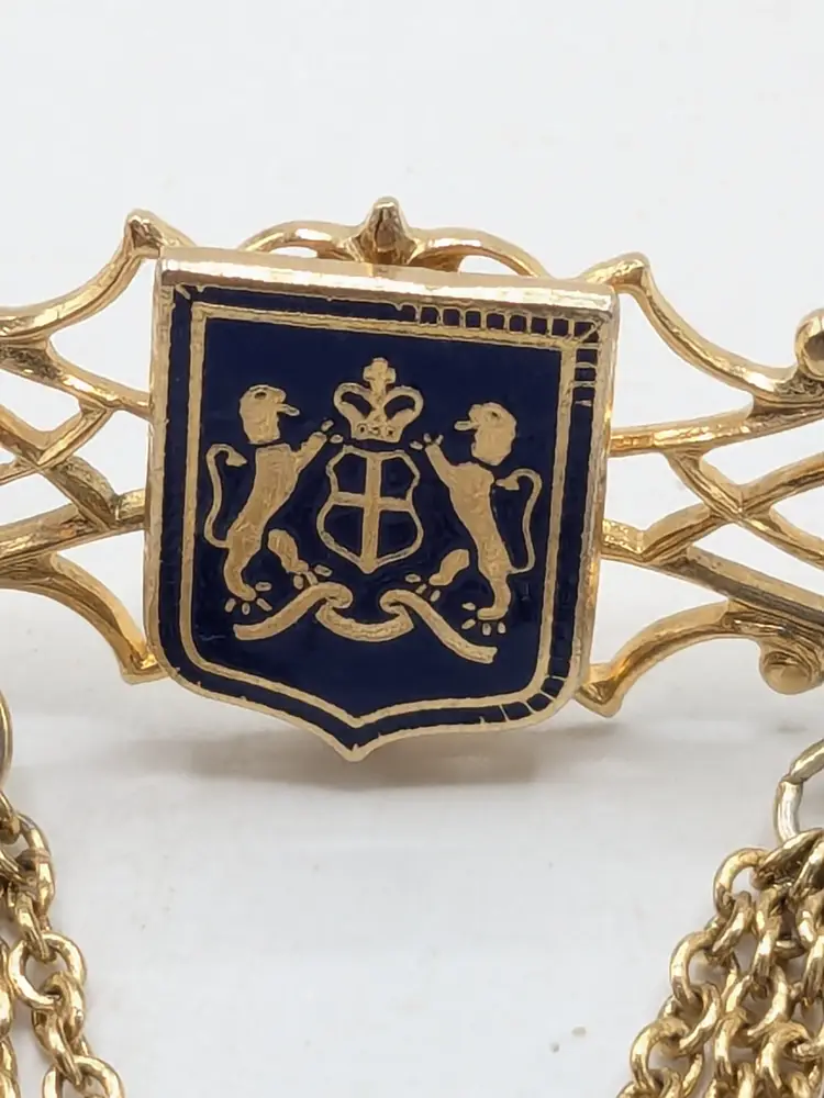 Vintage Gold Tone Blue Crest Brooch with Chain Drape Jewelry