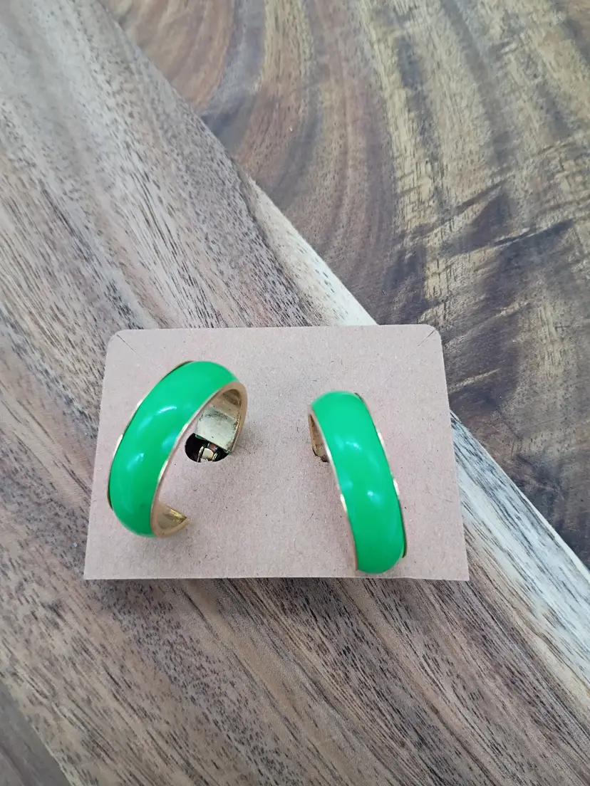 Vintage CLIP-ON HOOP EARRINGS Neon Green Enamel on GOLD TONE metal