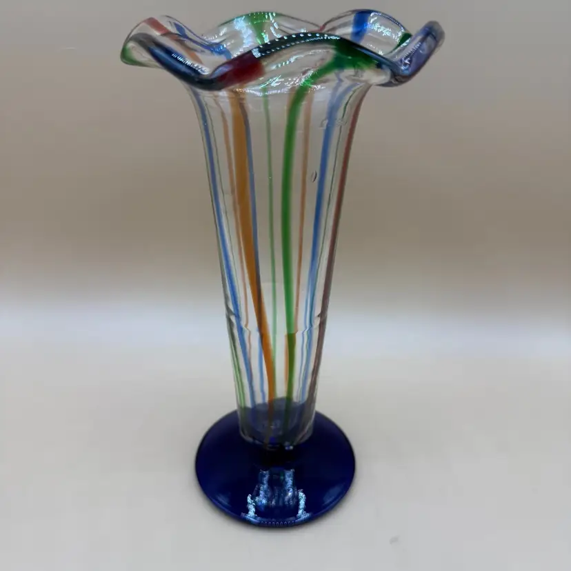 Blown Glass Striped Tulip Vase With Cobalt Glass Base 8.25”