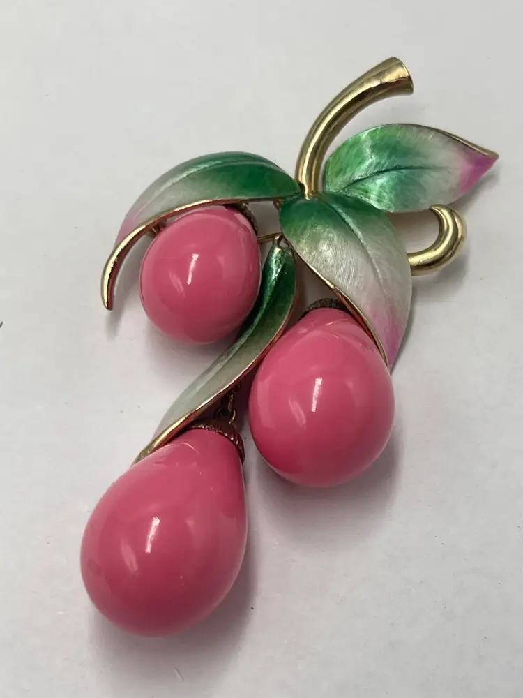 Marvella Pink Dangle Brooch Pin Enamel Leaf Faux Pearl Fruit Flower VTG 3.5”