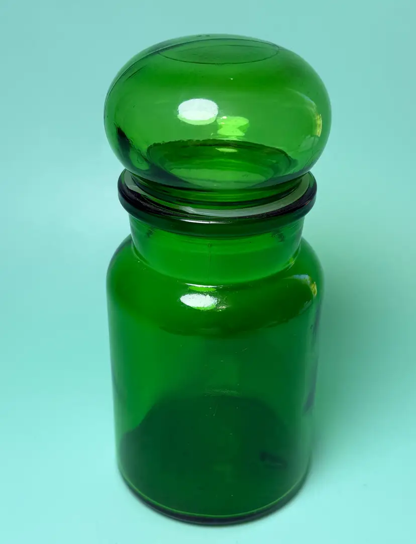 7" Apothecary Jar Belgium Emerald Green Glass Bubble Top Stamped Bottom Vintage