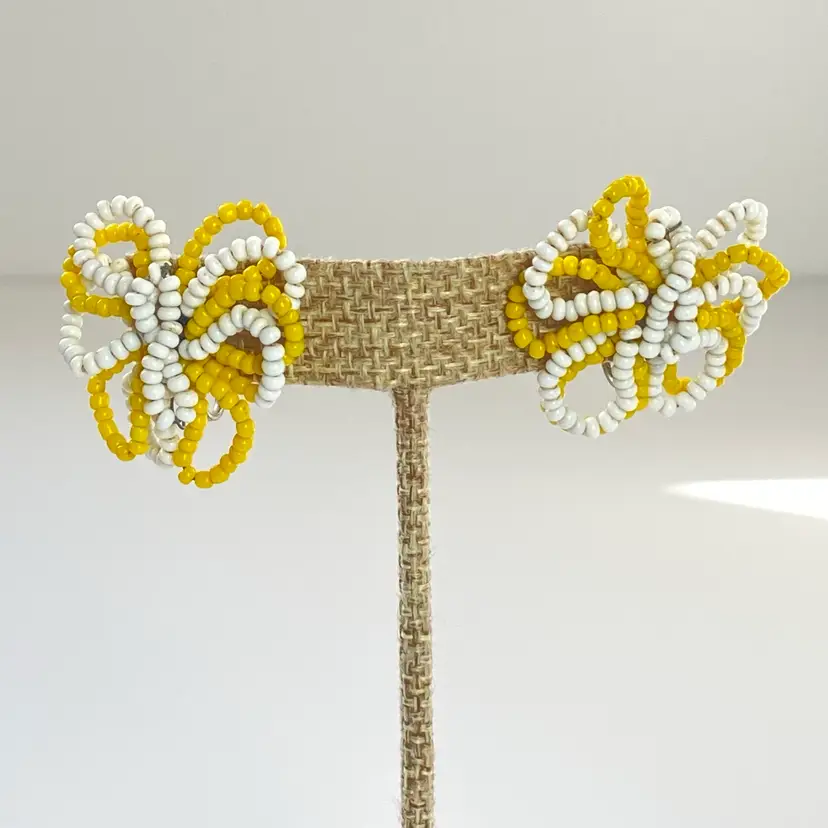 Vintage Yellow & White Seed Bead Abstract Butterfly Flower Screw Back Earrings