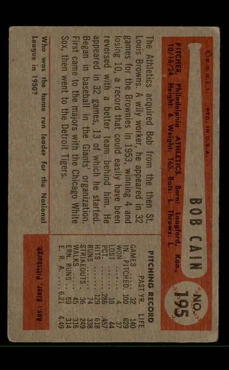 1954 Bowman #195 Bob Cain - (pk-tl3) - Philadelphia Athletics