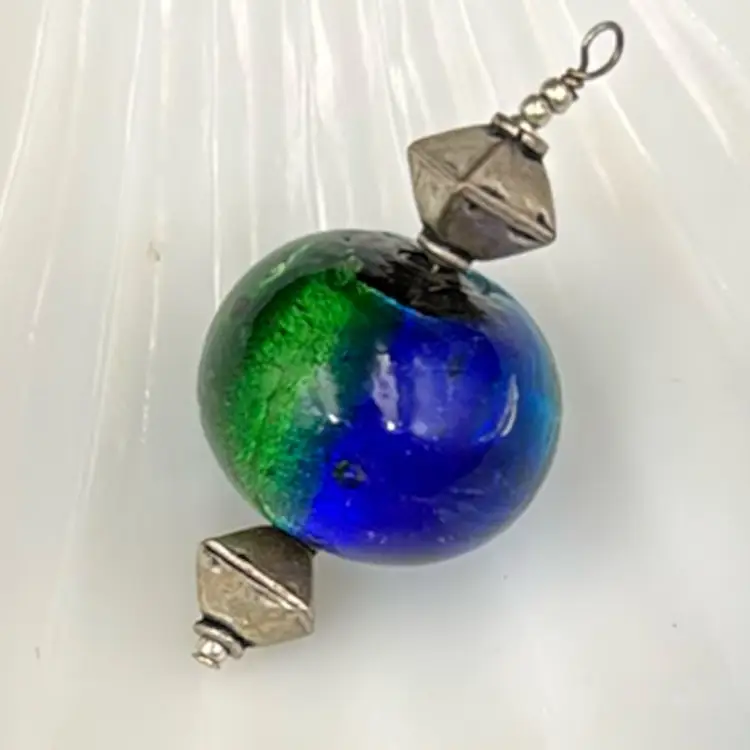 Chunky Round Blue And Green Hand Bloom Glass Pendant With Silver Tone Beads