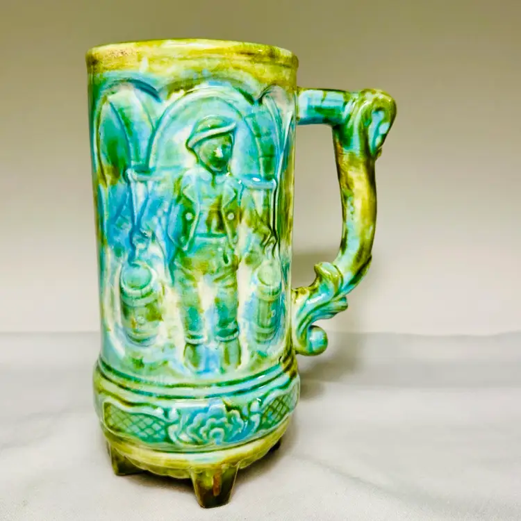 Handmade Ceramic German Beer Stein, Signed. Green & Yellow Glaze Beer Mug VTG