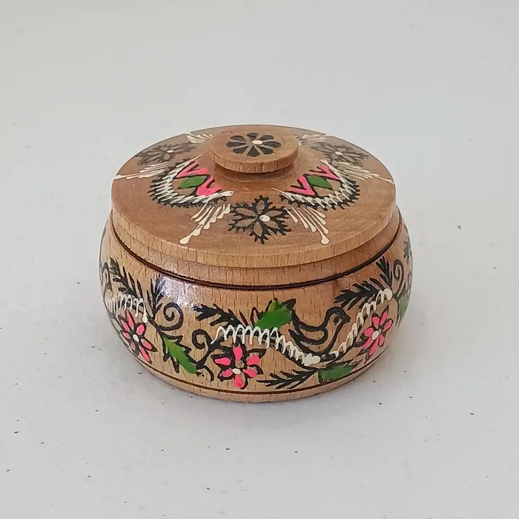 Vintage Ukrainian Mini Lidded Wooden Trinket Box Hand Painted Floral Bird Round