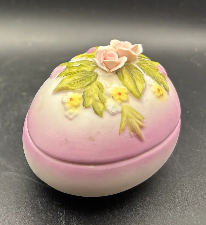 LEFTON Egg Shaped Trinket Box, Perfect Dimensional Flowers, Porcelain, Marked #377 - Japan