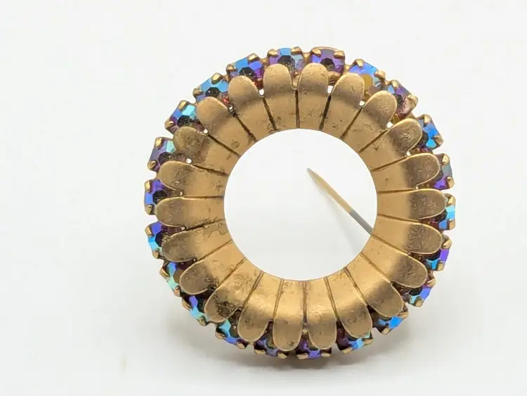 Vintage Gold Tone Circular Brooch Pin with Aurora Borealis Rhinestones