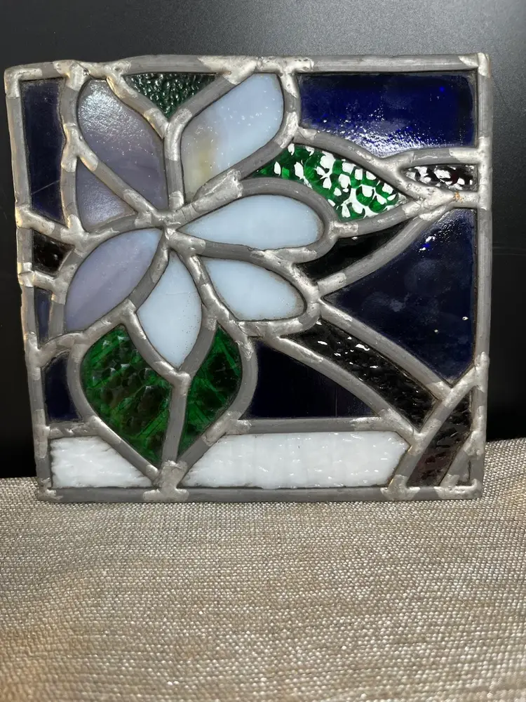 Stained Glass Flower in Purples, Greens & White w/ Greenery-Copper has also been Infused within this Beautiful Piece