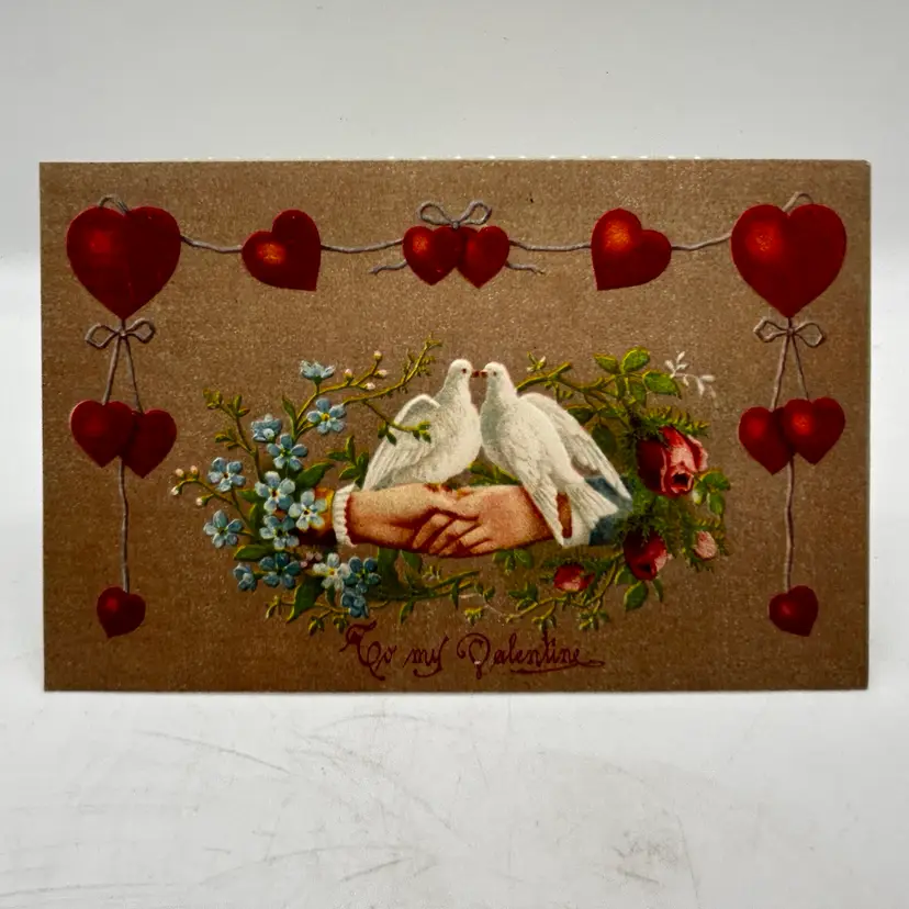 Antique Embossed Postcard To My Valentine Doves Roses Holding Hands Hearts