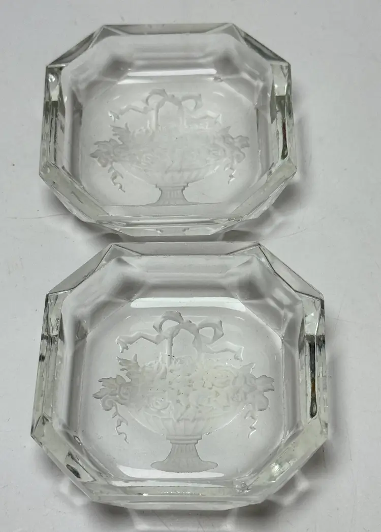 2 Czech Bohemian Glass Intaglio Salt Cellars Art Deco Etched Roses in Basket