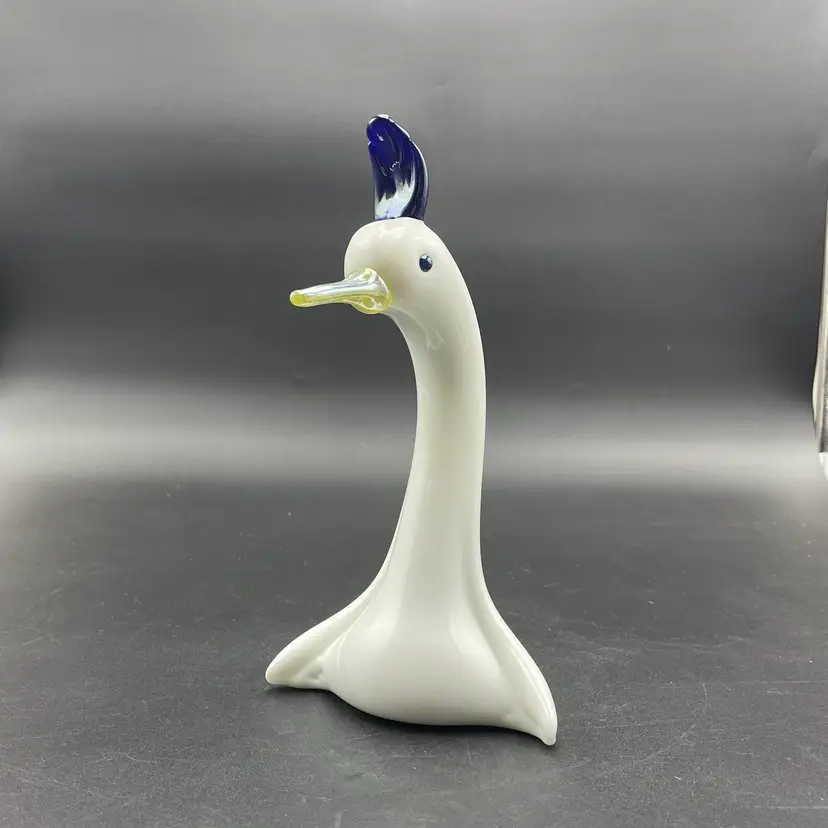 Art Glass Swan Duck Bird Derpy Figurine White Blue VTG Hand Blown Signed Pheonix