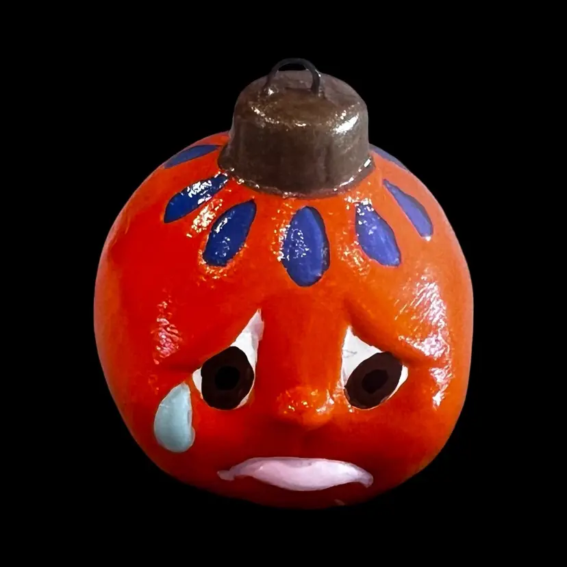 Vintage Hand Painted Sad Crying Ceramic Halloween Pumpkin 1.5” Pumpkin