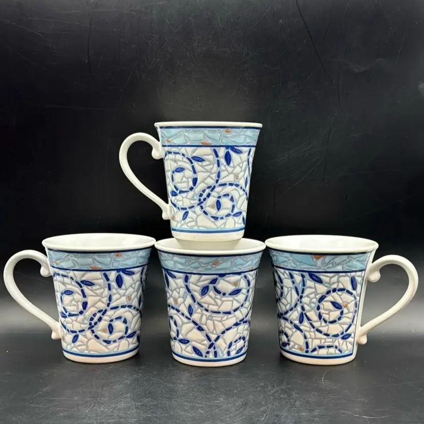 Vintage Pfaltzgraff “Monaco” 12oz Coffee Mug Tea Cup Blue & White Glossy Mosaic Pattern Set Of 4