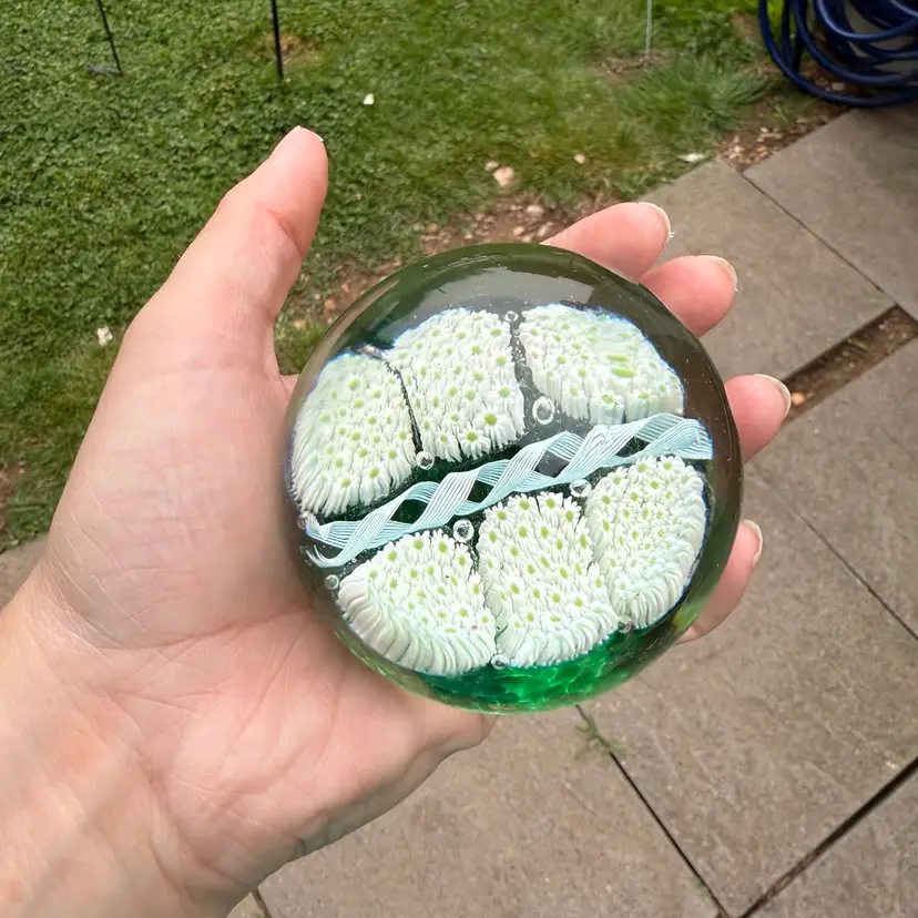 Vintage Murano Millefiori Green Blue White Floral Blown Glass Paperweight