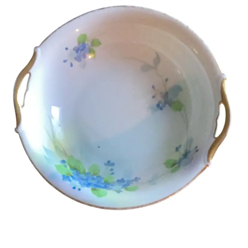 Antique Nippon Handpainted Porcelain Dish With Forget Me Nots And Two Handles With Gold Accent. 10 Inches