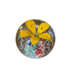 DH Studio Vintage Magnum Yellow Flower Frit Multicolor Arched Swirl Base - DH Stamp In Base - 4”