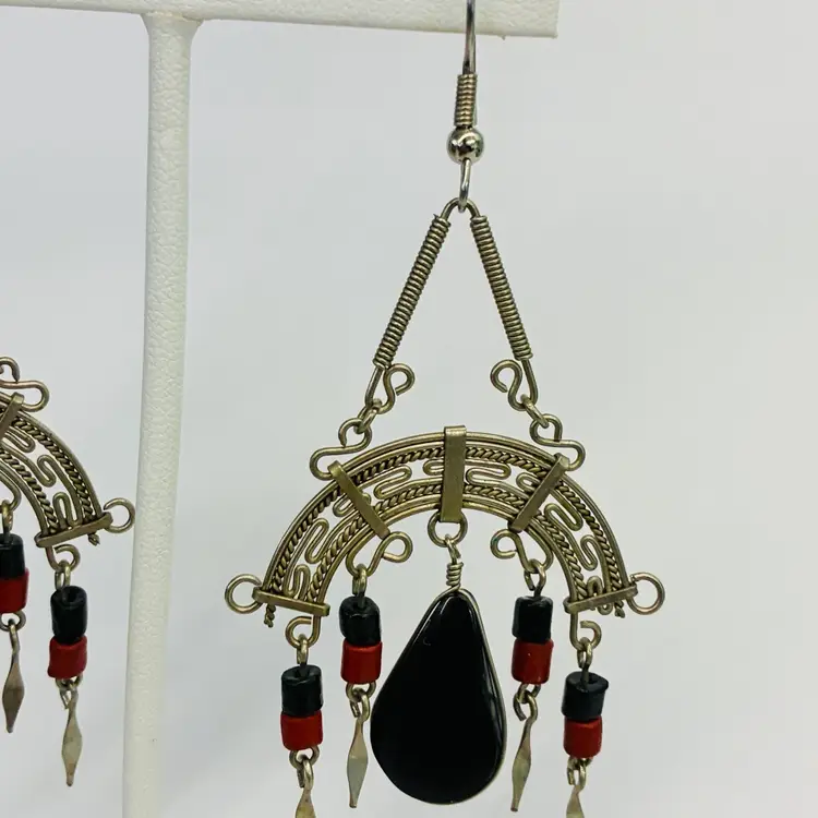 Vtg Silver Tone Bohemian Black Red Beads Drop Dangle Chandelier Earrings Boho