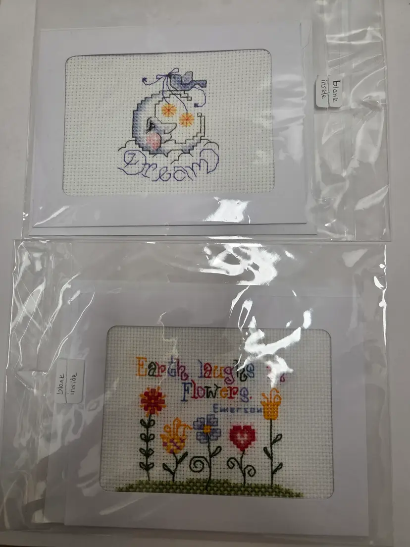 New Lot of Two Cross-stitched Cards Dream and Flowers