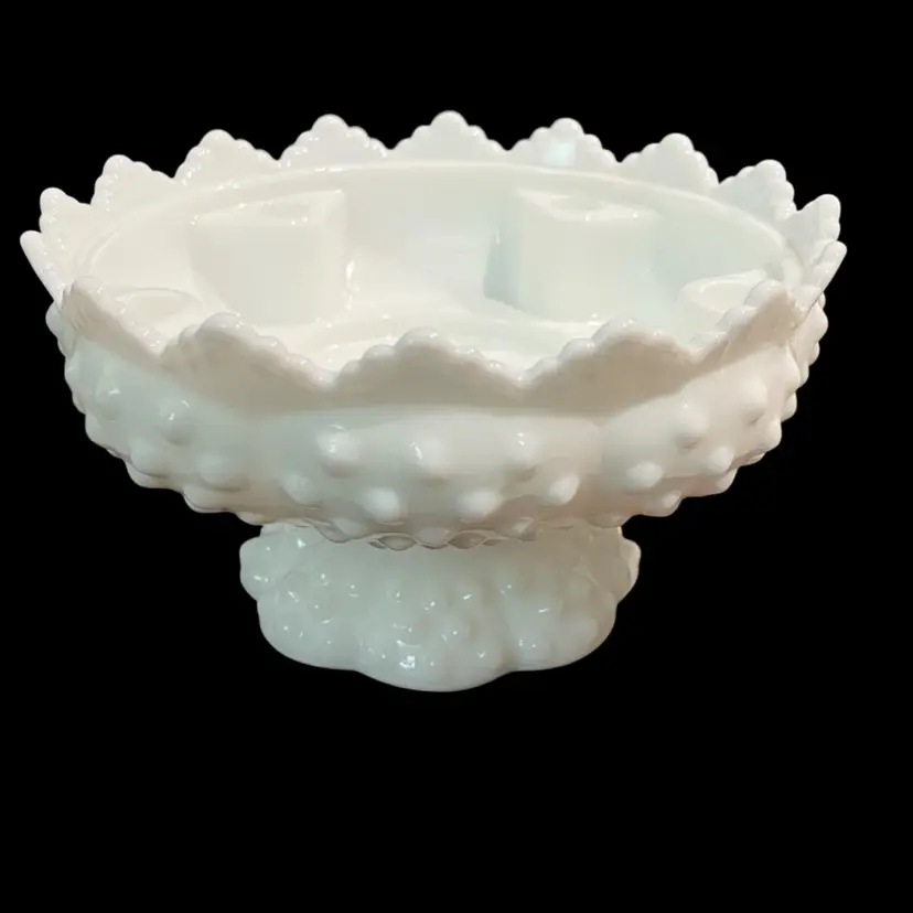Vintage  Fenton  Hobnail  Milk Glass 1950’s- Pillar/5 Taper Candleholder, Marked PATENT PENDING- 3.75” Tall, 6.5 Diameter