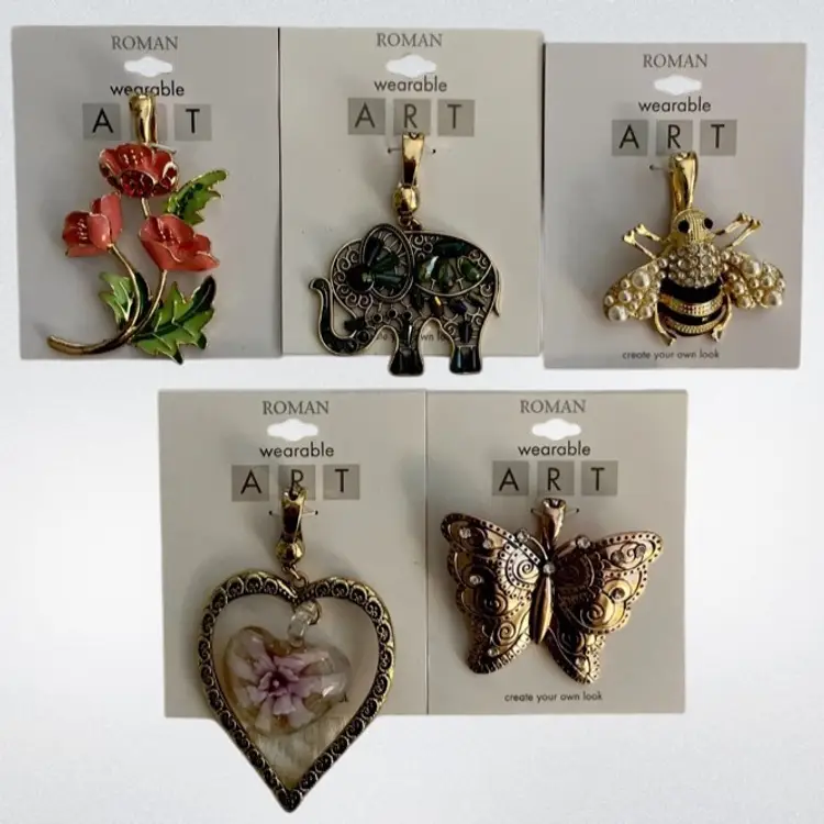Lot Of 5 Roman Wearable Art Pendants NWT Flowers Elephant Bee Heart Butterfly