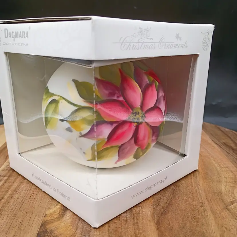 Dagmara Blown Glass Christmas Ornament Hand Painted Poinsettia Design 4" Diameter NIB