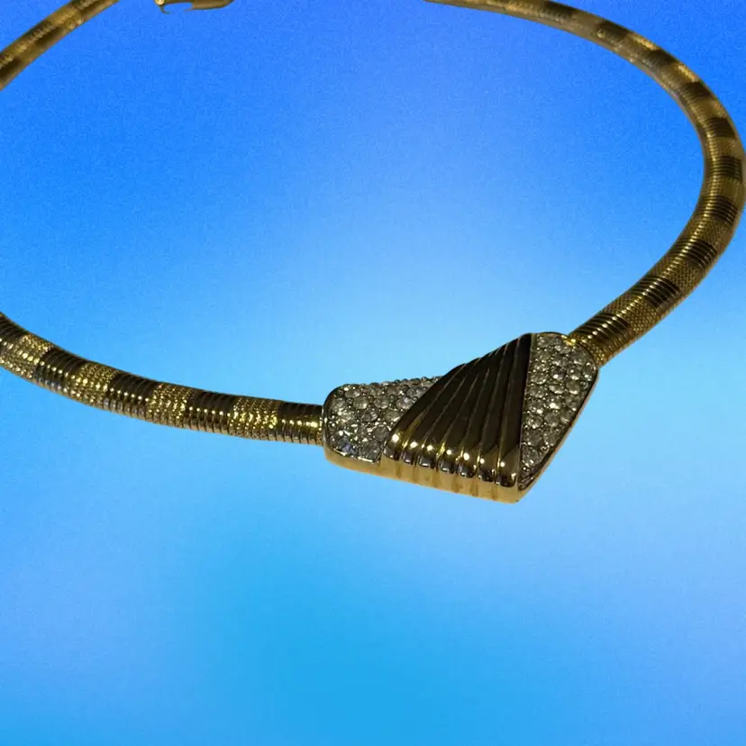 Vintage Signed Trifari Omega Choker Chain Crystal & Rhinestone Goldtone Necklace (KK)
