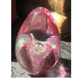 GES Glass Eye Studio Cranberry Passion, Flower, Egg Shaped Paperweight.