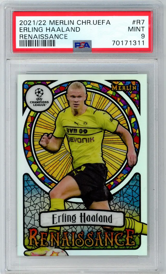 2021-22 Merlin Chrome UEFA ERLING HAALAND #R7 Renaissance BORUSSIA DORTMUND PSA 9 MINT