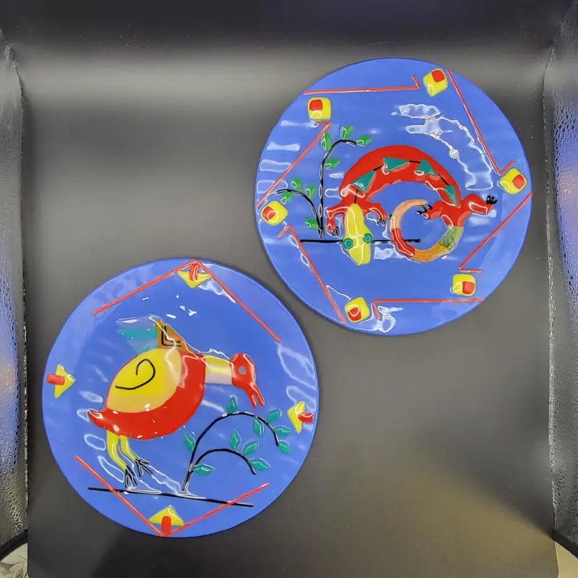 #01 Mimbres Southwest style Fused Glass Plates Signed and Dated By Artist