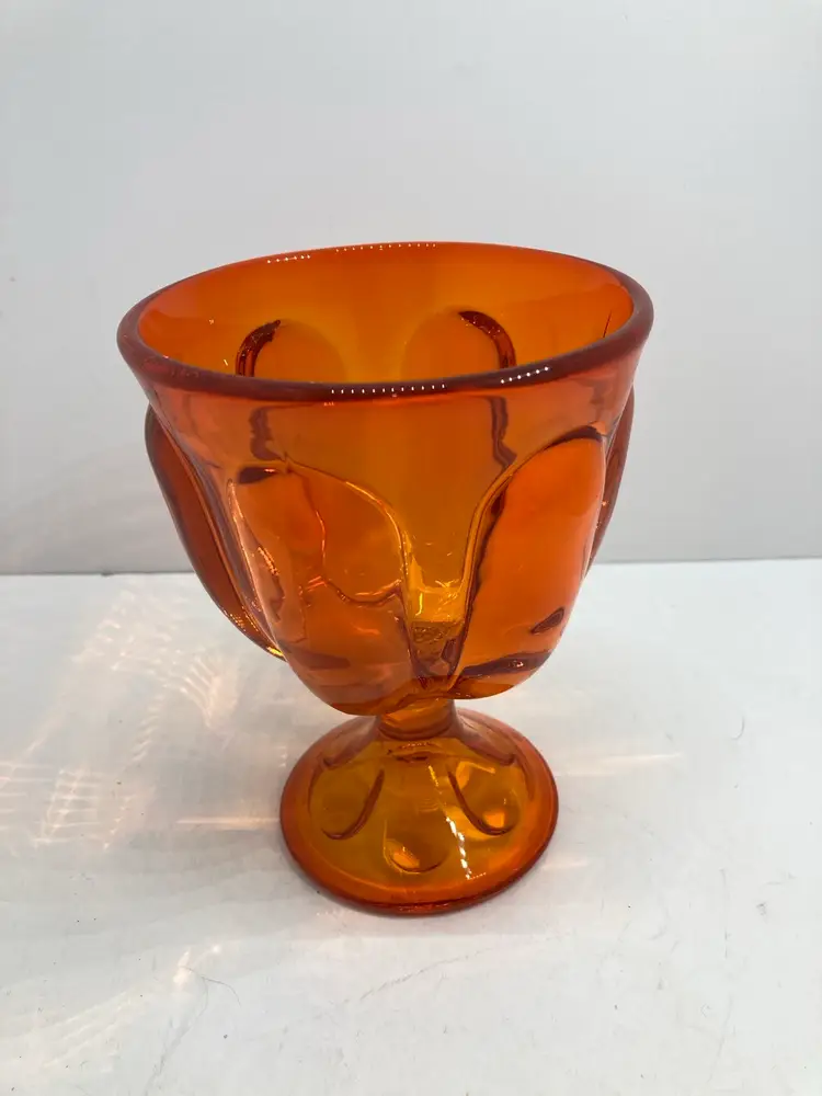 Vintage Persimmon pedestal Glass lidded candy dish MCM