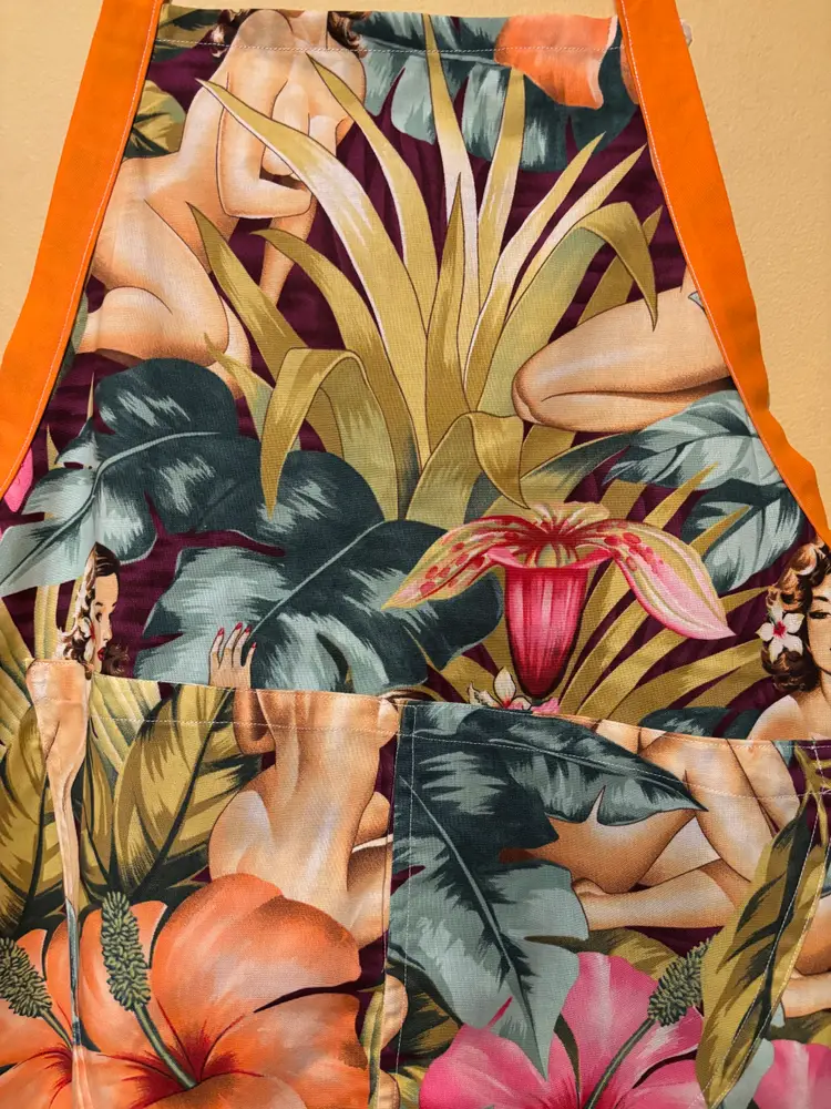 “Pin-Up & Stir Up” Apron – Alexander Henry Hibiscus Print, Handmade Retro Kitchen Glam