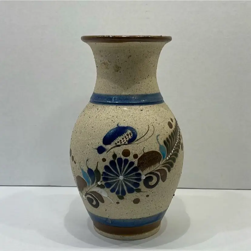 Mexico Tonala Mexican Folk Art Sandstone Pottery Vase Butterfly/Floral- Signed