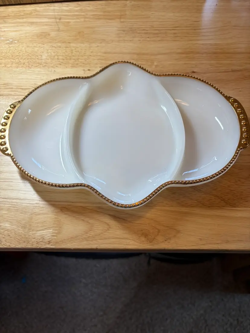 Vintage Fire King Milk Glass Divided Serving Dish, Gold Trim