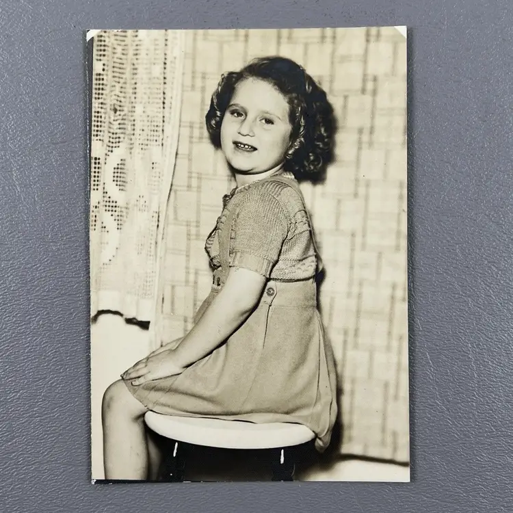 Vintage Young Curly Hair Girl Home Portrait Photo 1930s-1940s Era Child Dress