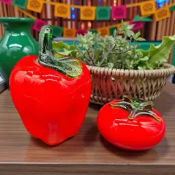 Art Glass Red Vegetables Pepper and Tomato Set of 2 Vintage Food Display Decor
