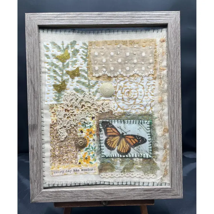 Made By Me Hand Sewn Fabric Collage Framed Art “Monarch”