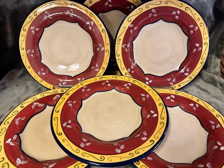 Set 6 Pier 1 One Hand Painted Earthenware Dinner Plates 11.25” Vallarta Red EUC