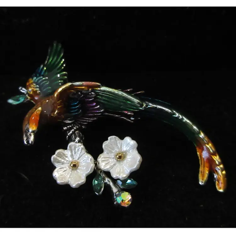 Vintage Colorful Enamel on Silver Tone Metal Tropical Bird with Flowers Brooch Pin