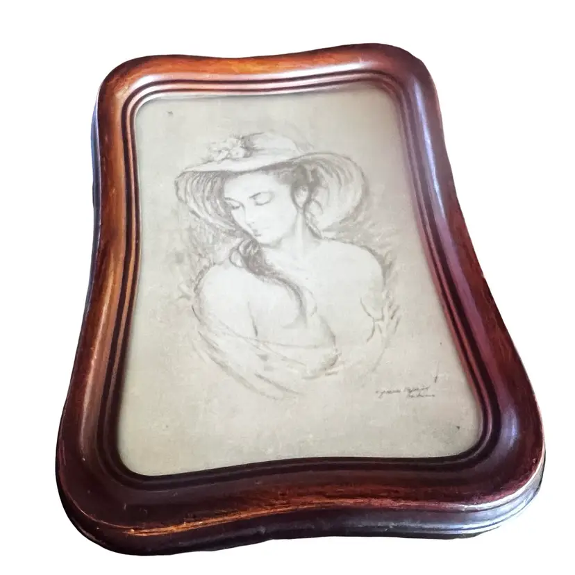 Vintage Hand-Drawn sketched Signed Lady Picture An Old Frame Approximately 5 X 7 art
