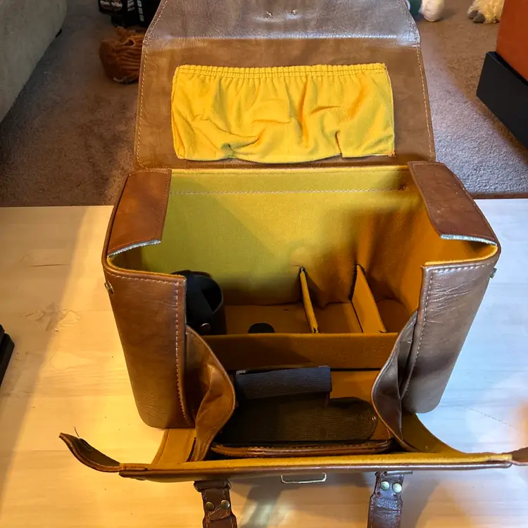 Vintage Brown Leather Camera & Accessories Bag Front-Load Carry Case 13x10x7"