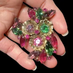 Vintage MCM Goldtone pink & Green Navette Rhinestone Flower Brooch