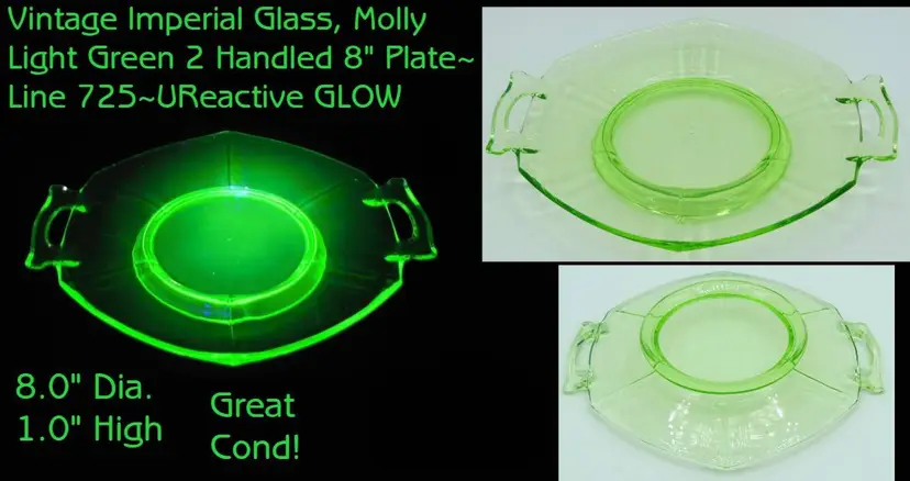 Vintage Imperial Glass MOLLY Light Green 2-Handle Plate, URANIUM GLASS GLOW