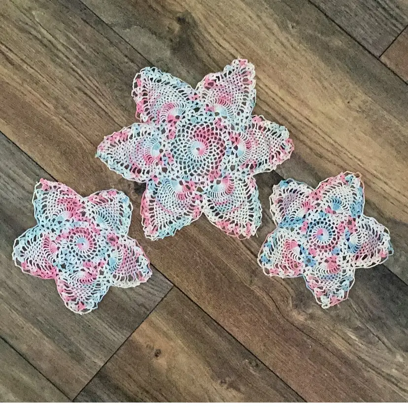 Beautiful White Pink And Blue Star Crocheted Doilies