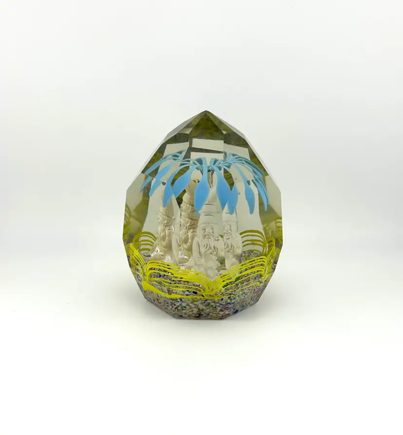 Vintage Bohemian Sulfide Gnome Faceted Glass Paperweight 3.25”x 4.5”