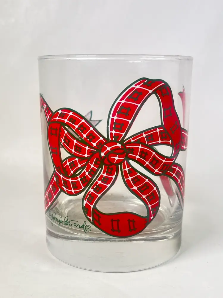 Set 3pc Georges Briard Low Ball Glasses Red Bows 4.5” Signed