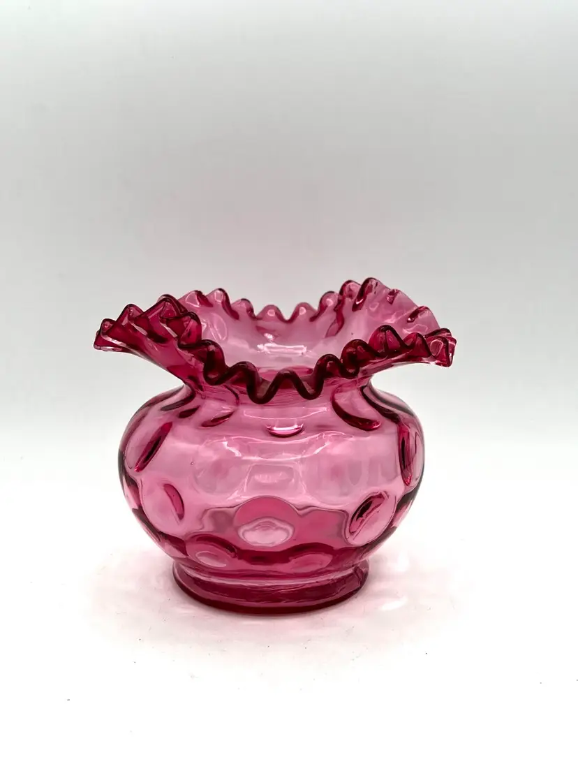 Fenton Cranberry Glass Coin Dot Ruffled Rose Bowl 5” Tall