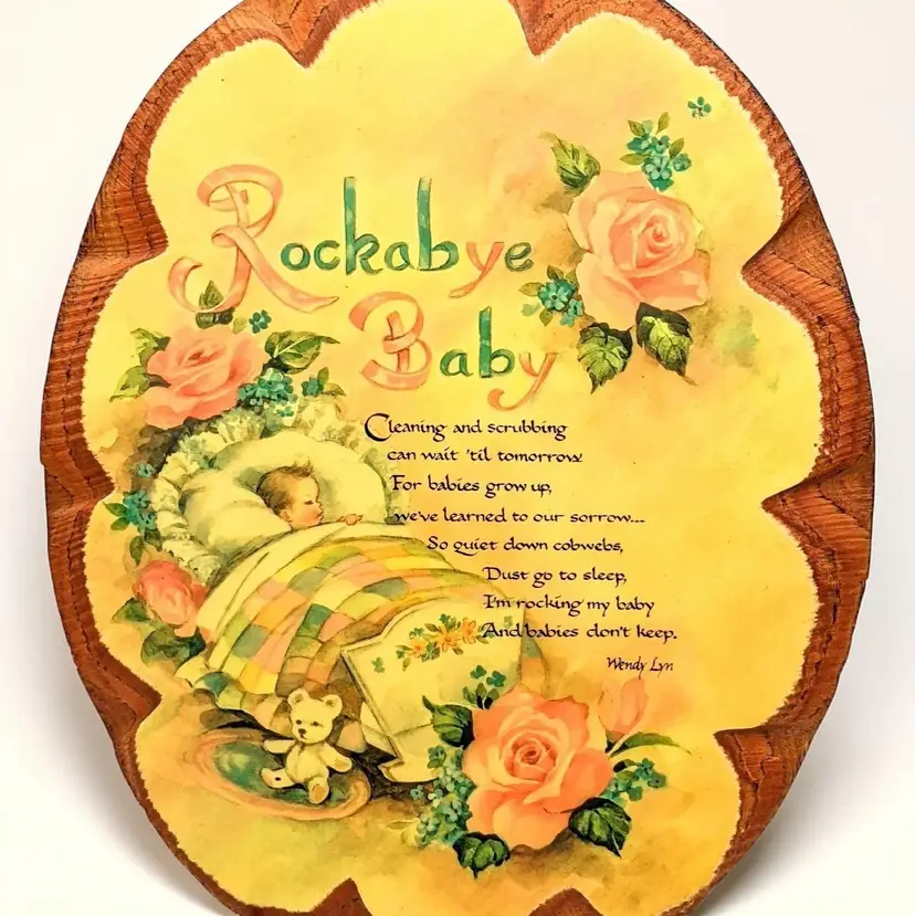 Vintage Rockabye Baby Poem by Wendy Lyn Decoupage Wood Oval Plaque Wall Hanging