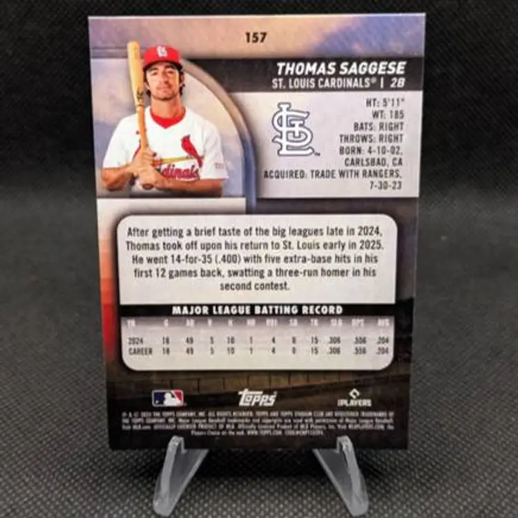 Thomas Saggese 2025 Topps Stadium Club Rookie RC #157 - St. Louis Cardinals