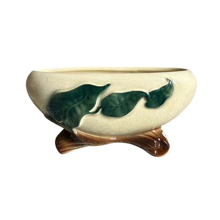 Royal Copley Footed Cream Oval Planter Vase with Green Leaves